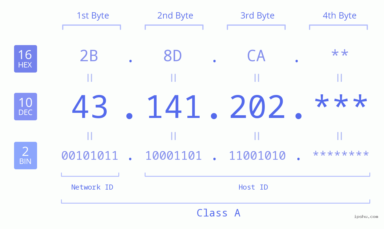 IP Address: 43.141.202 Data Structure Chart BIN DEC HEX IPv4: 43.141.202 Network Class, Net ID, Host ID