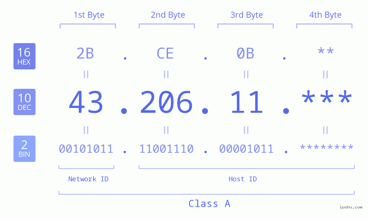 IP Address: 43.206.11 Data Structure Chart BIN DEC HEX IPv4: 43.206.11 Network Class, Net ID, Host ID