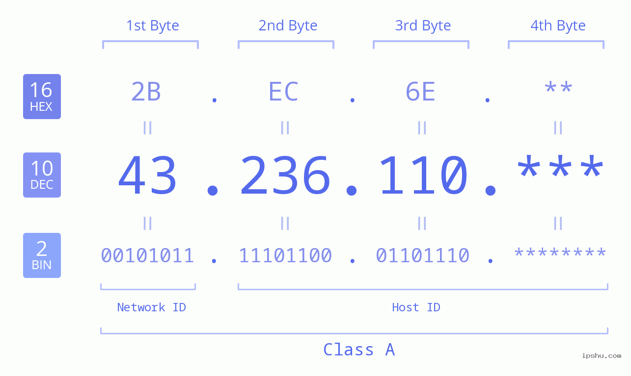IP Address: 43.236.110 Data Structure Chart BIN DEC HEX IPv4: 43.236.110 Network Class, Net ID, Host ID
