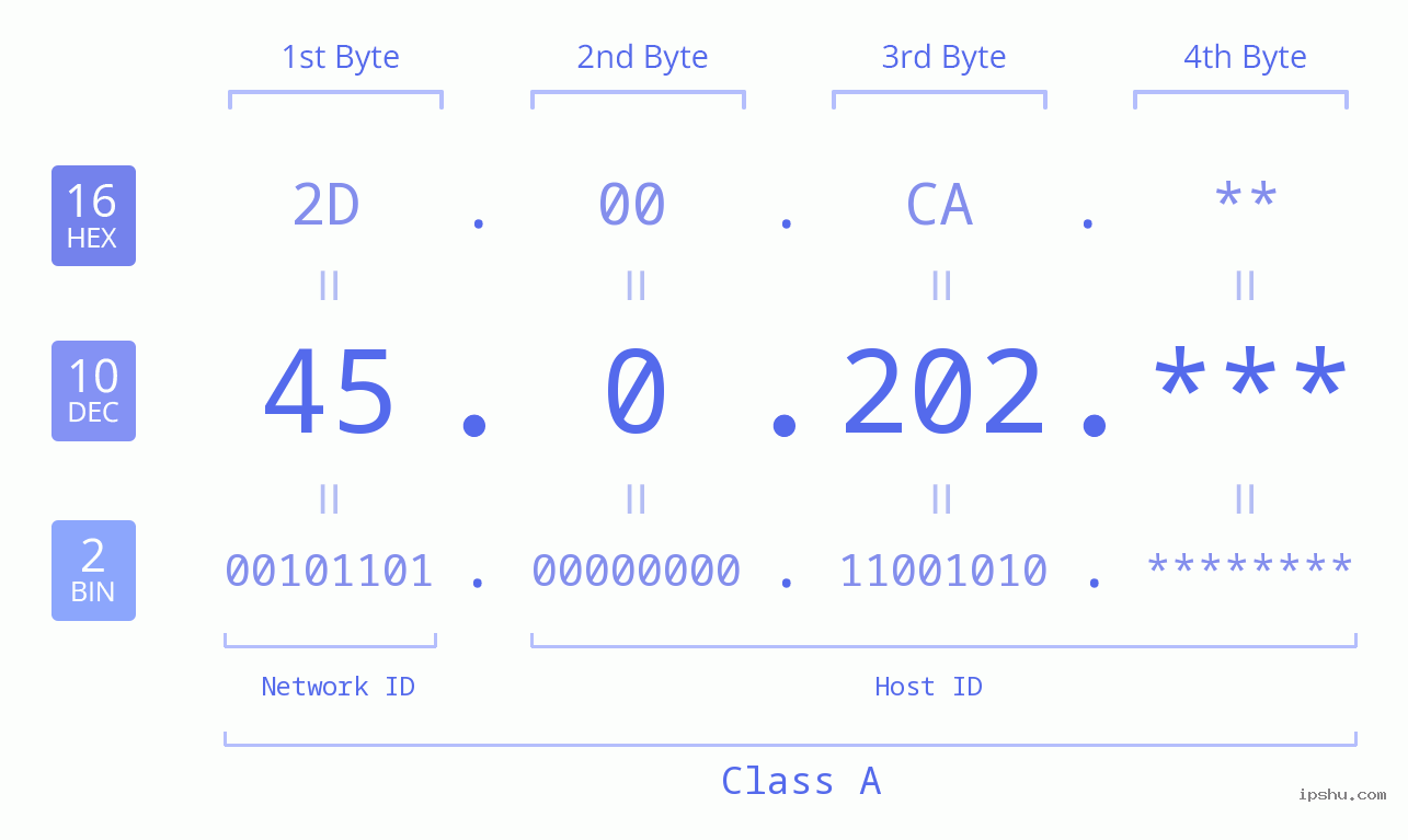 IP Address: 45.0.202 Data Structure Chart BIN DEC HEX IPv4: 45.0.202 Network Class, Net ID, Host ID