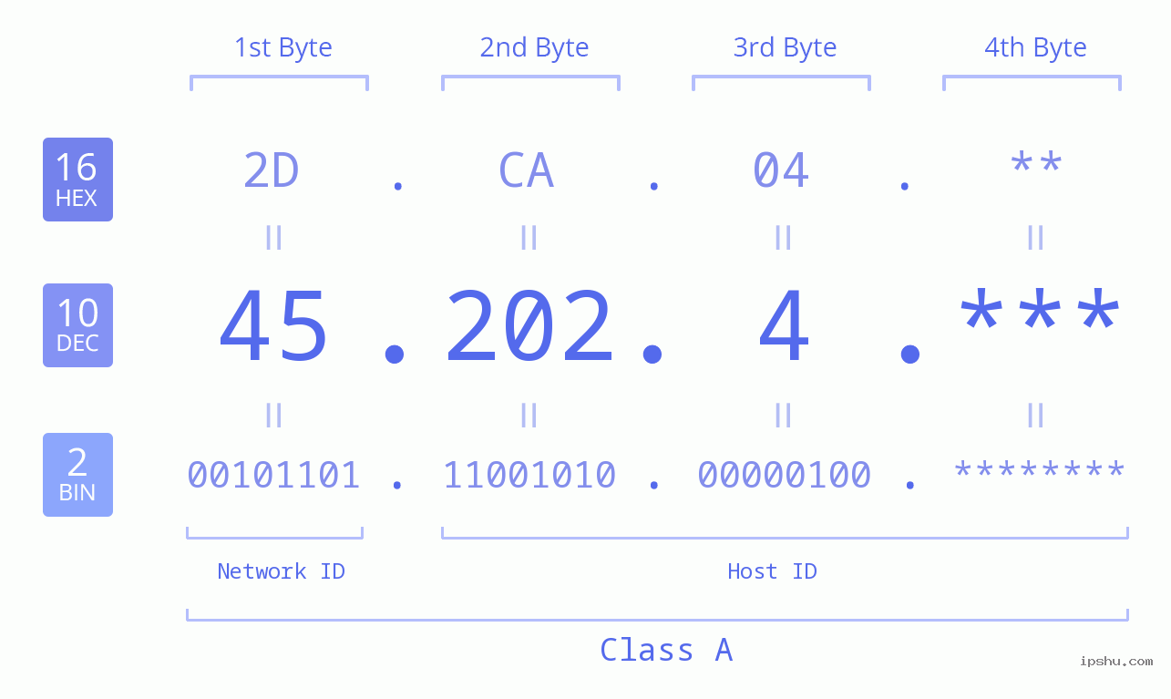 IP Address: 45.202.4 Data Structure Chart BIN DEC HEX IPv4: 45.202.4 Network Class, Net ID, Host ID