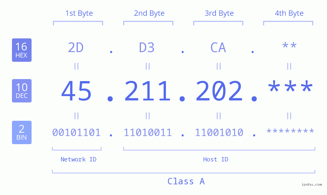 IP Address: 45.211.202 Data Structure Chart BIN DEC HEX IPv4: 45.211.202 Network Class, Net ID, Host ID