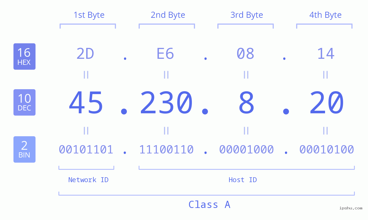 IP Address: 45.230.8.20 Data Structure Chart BIN DEC HEX IPv4: 45.230.8.20 Network Class, Net ID, Host ID