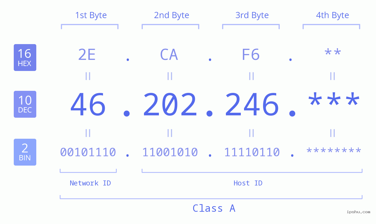 IP Address: 46.202.246 Data Structure Chart BIN DEC HEX IPv4: 46.202.246 Network Class, Net ID, Host ID