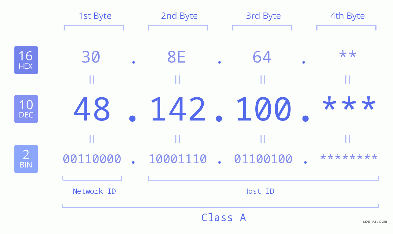 IP Address: 48.142.100 Data Structure Chart BIN DEC HEX IPv4: 48.142.100 Network Class, Net ID, Host ID