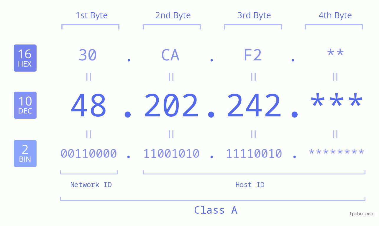 IP Address: 48.202.242 Data Structure Chart BIN DEC HEX IPv4: 48.202.242 Network Class, Net ID, Host ID
