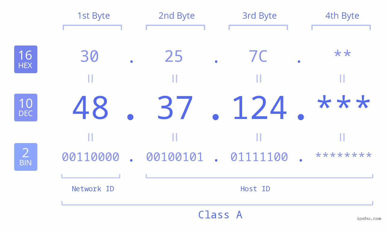 IP Address: 48.37.124 Data Structure Chart BIN DEC HEX IPv4: 48.37.124 Network Class, Net ID, Host ID