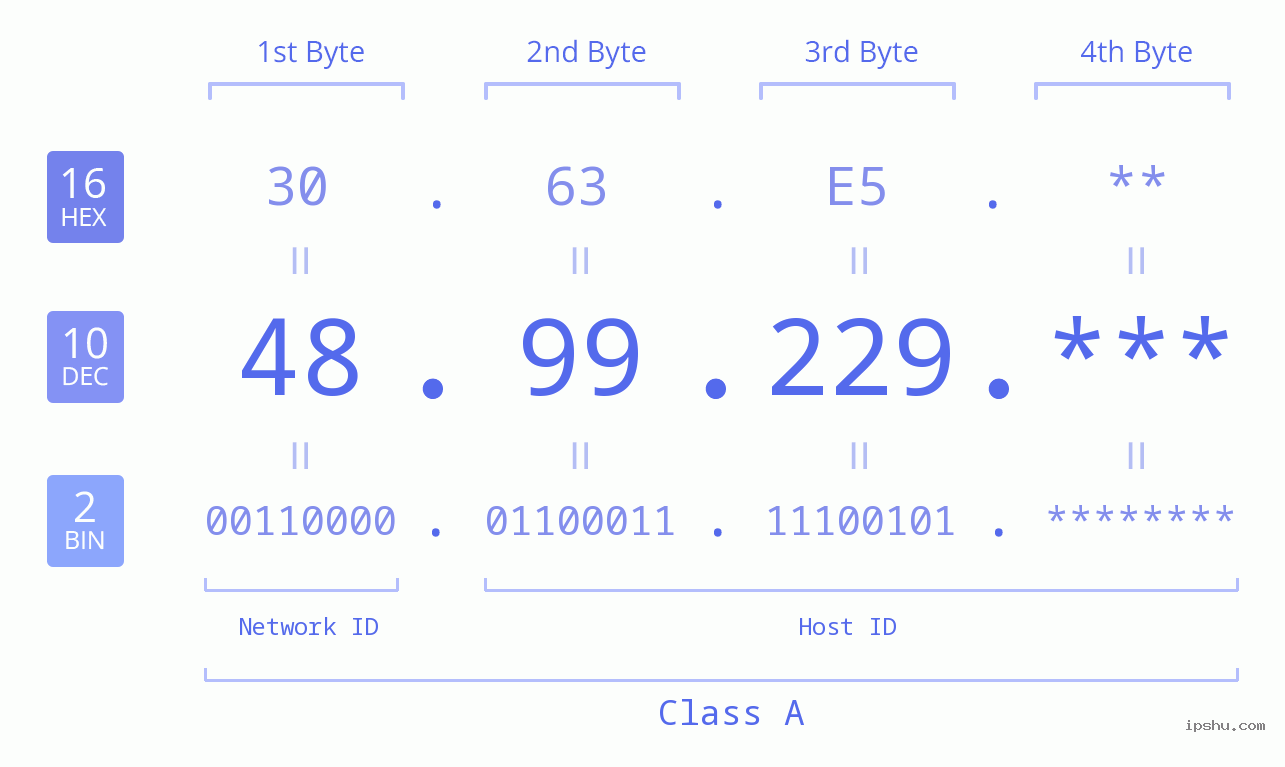 IP Address: 48.99.229 Data Structure Chart BIN DEC HEX IPv4: 48.99.229 Network Class, Net ID, Host ID