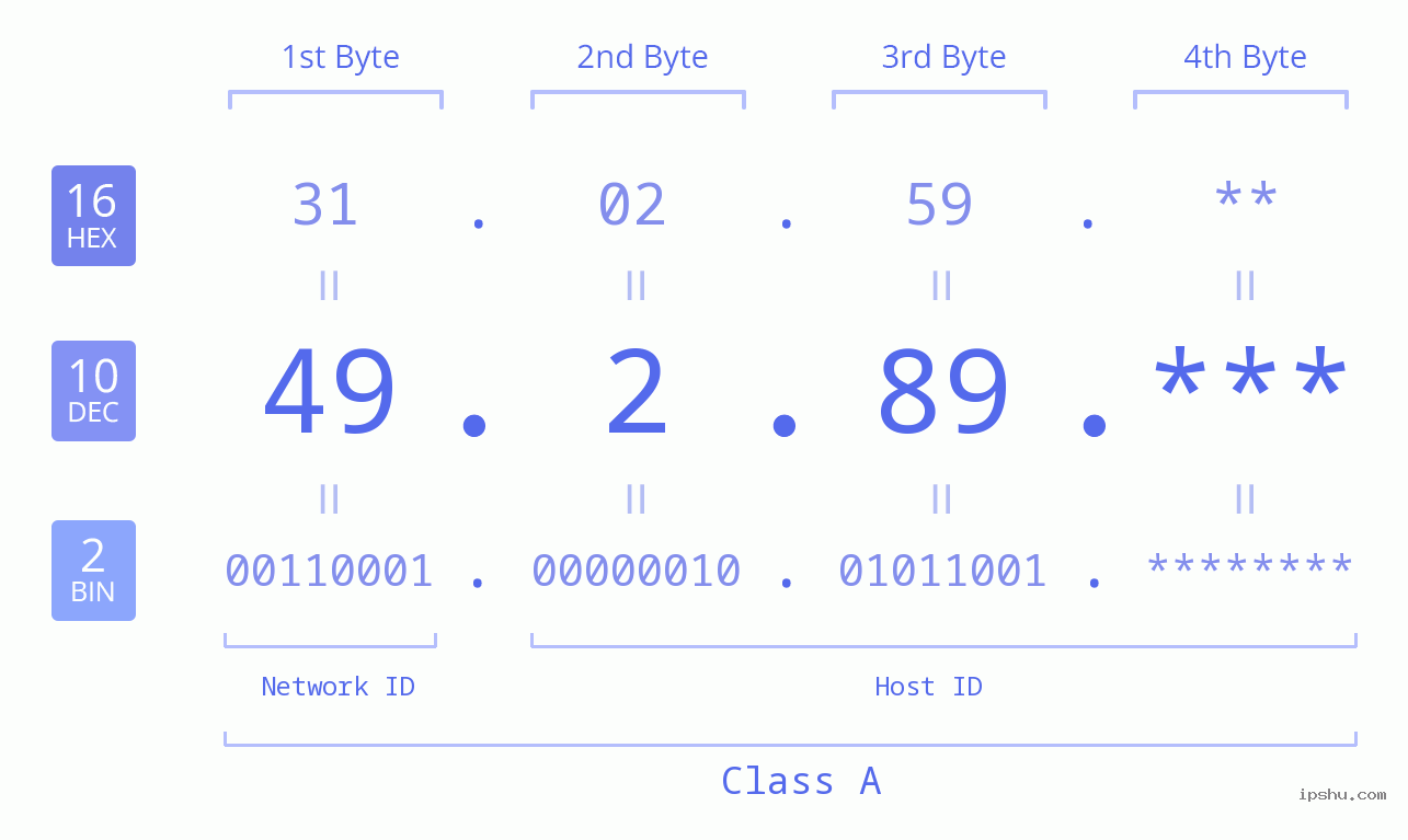 IP Address: 49.2.89 Data Structure Chart BIN DEC HEX IPv4: 49.2.89 Network Class, Net ID, Host ID