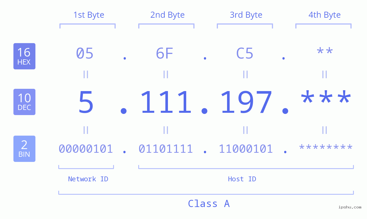 IP Address: 5.111.197 Data Structure Chart BIN DEC HEX IPv4: 5.111.197 Network Class, Net ID, Host ID