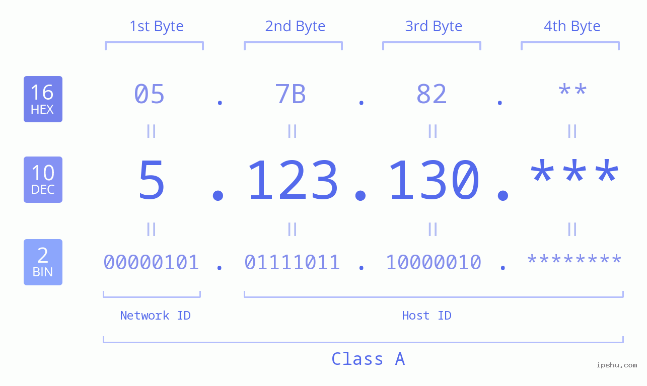 IP Address: 5.123.130 Data Structure Chart BIN DEC HEX IPv4: 5.123.130 Network Class, Net ID, Host ID