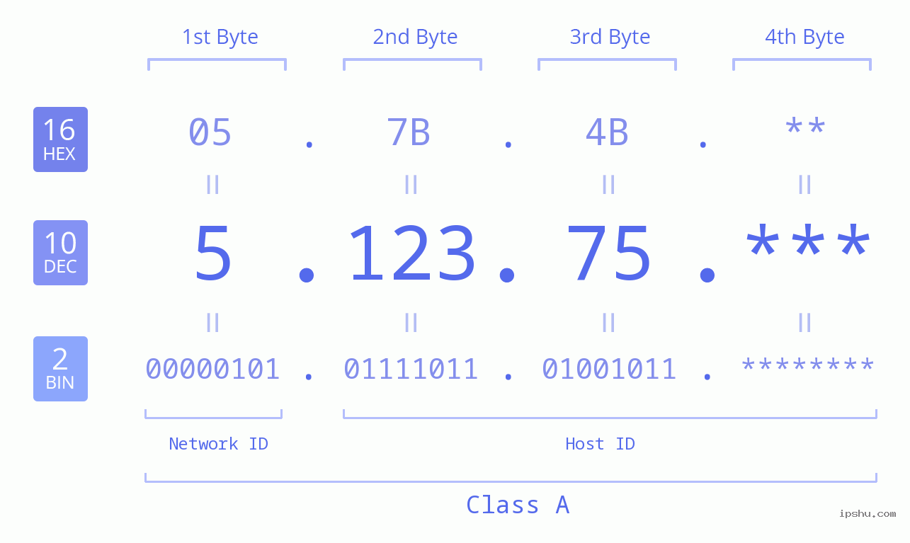 IP Address: 5.123.75 Data Structure Chart BIN DEC HEX IPv4: 5.123.75 Network Class, Net ID, Host ID