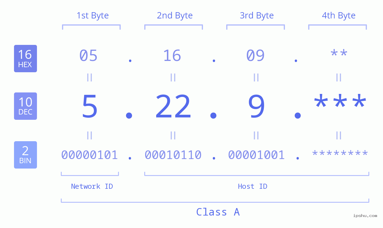 IP Address: 5.22.9 Data Structure Chart BIN DEC HEX IPv4: 5.22.9 Network Class, Net ID, Host ID