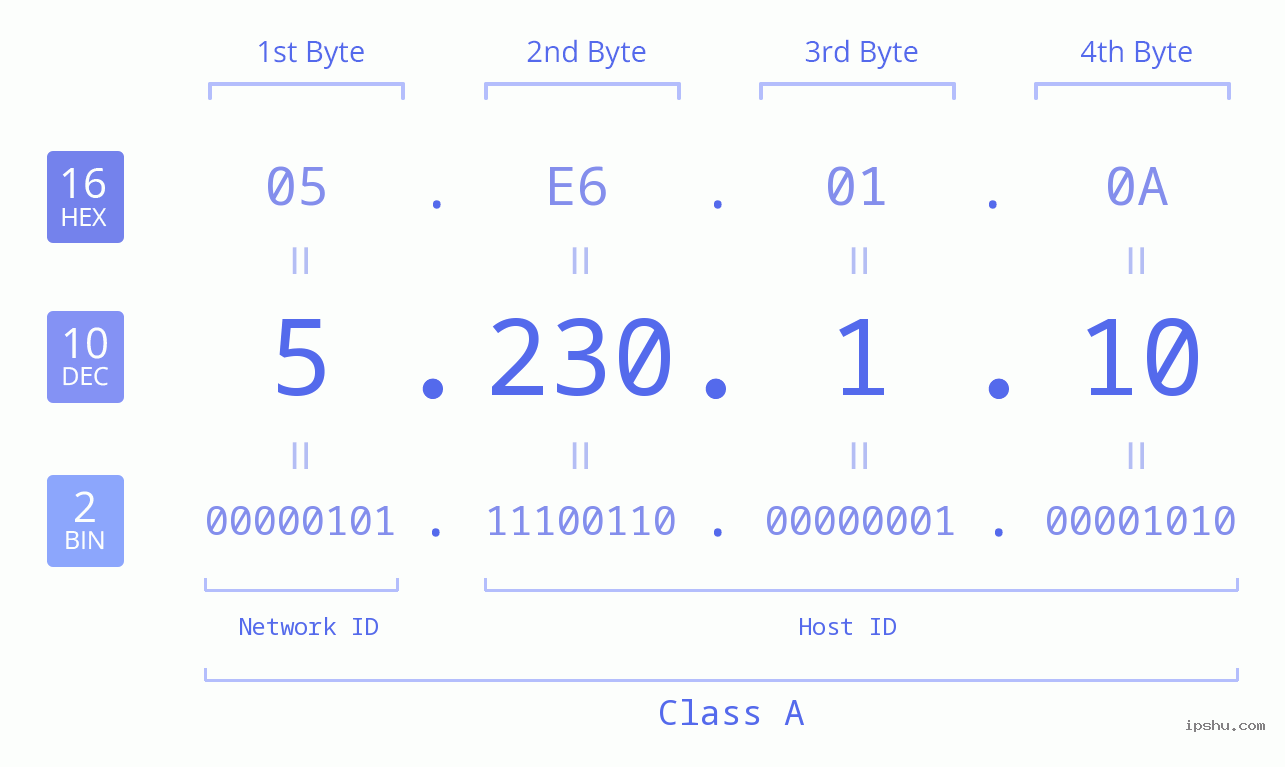 IP Address: 5.230.1.10 Data Structure Chart BIN DEC HEX IPv4: 5.230.1.10 Network Class, Net ID, Host ID