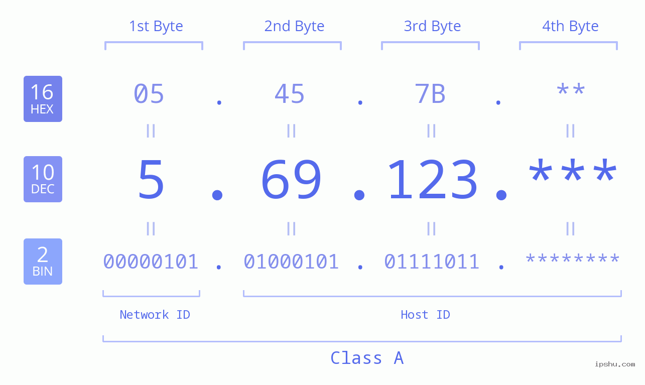 IP Address: 5.69.123 Data Structure Chart BIN DEC HEX IPv4: 5.69.123 Network Class, Net ID, Host ID