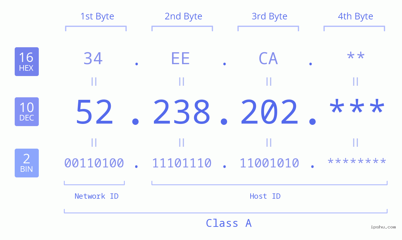 IP Address: 52.238.202 Data Structure Chart BIN DEC HEX IPv4: 52.238.202 Network Class, Net ID, Host ID