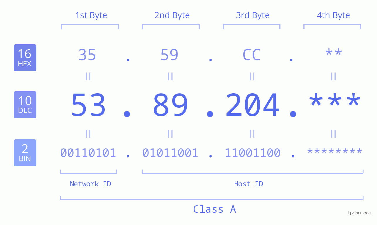 IP Address: 53.89.204 Data Structure Chart BIN DEC HEX IPv4: 53.89.204 Network Class, Net ID, Host ID