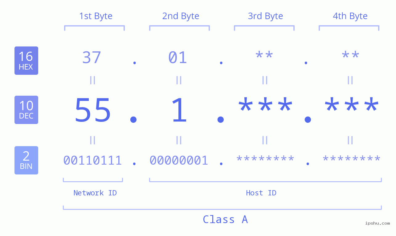 IP Address: 55.1 Data Structure Chart BIN DEC HEX IPv4: 55.1 Network Class, Net ID, Host ID