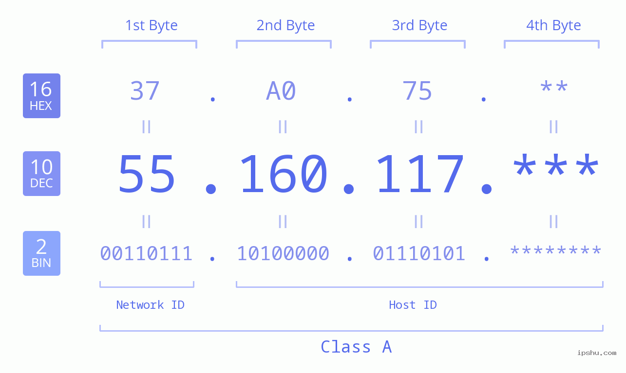 IP Address: 55.160.117 Data Structure Chart BIN DEC HEX IPv4: 55.160.117 Network Class, Net ID, Host ID