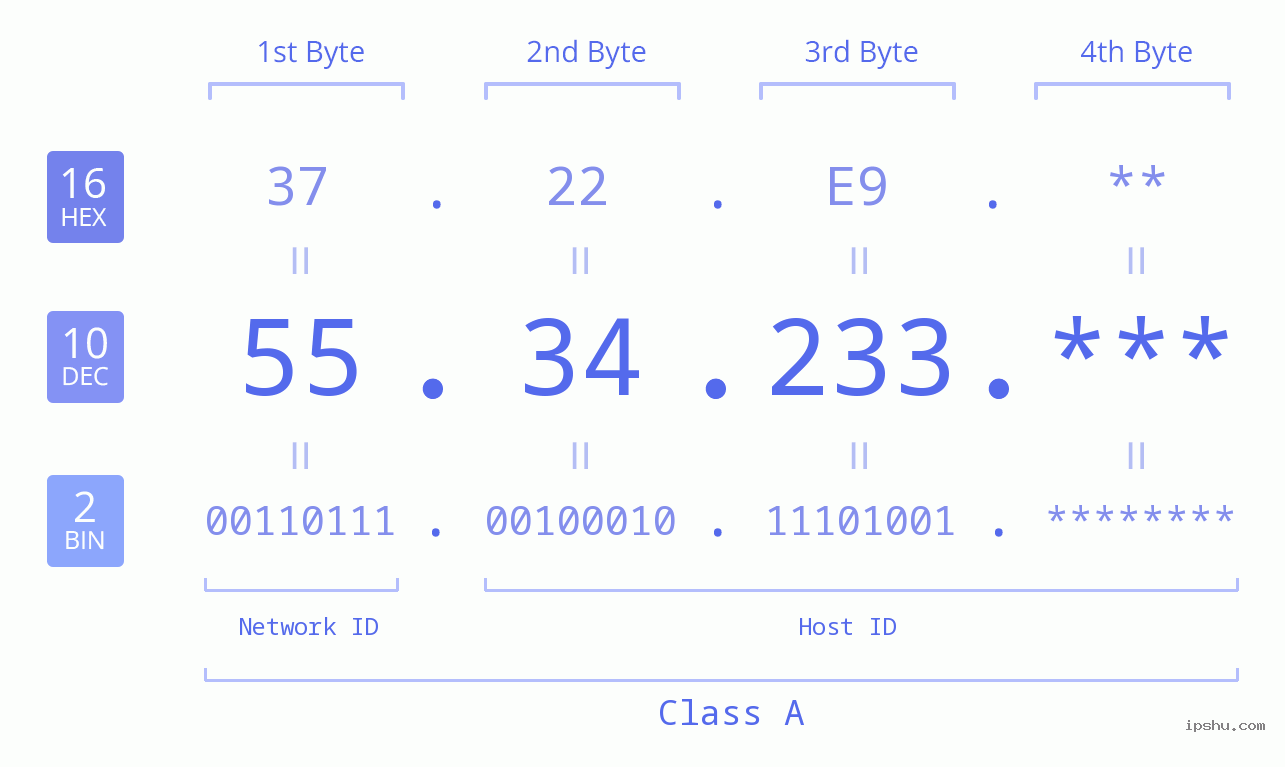 IP Address: 55.34.233 Data Structure Chart BIN DEC HEX IPv4: 55.34.233 Network Class, Net ID, Host ID