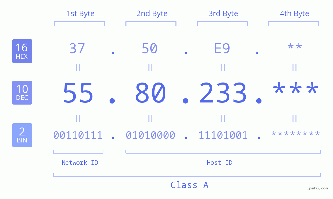 IP Address: 55.80.233 Data Structure Chart BIN DEC HEX IPv4: 55.80.233 Network Class, Net ID, Host ID