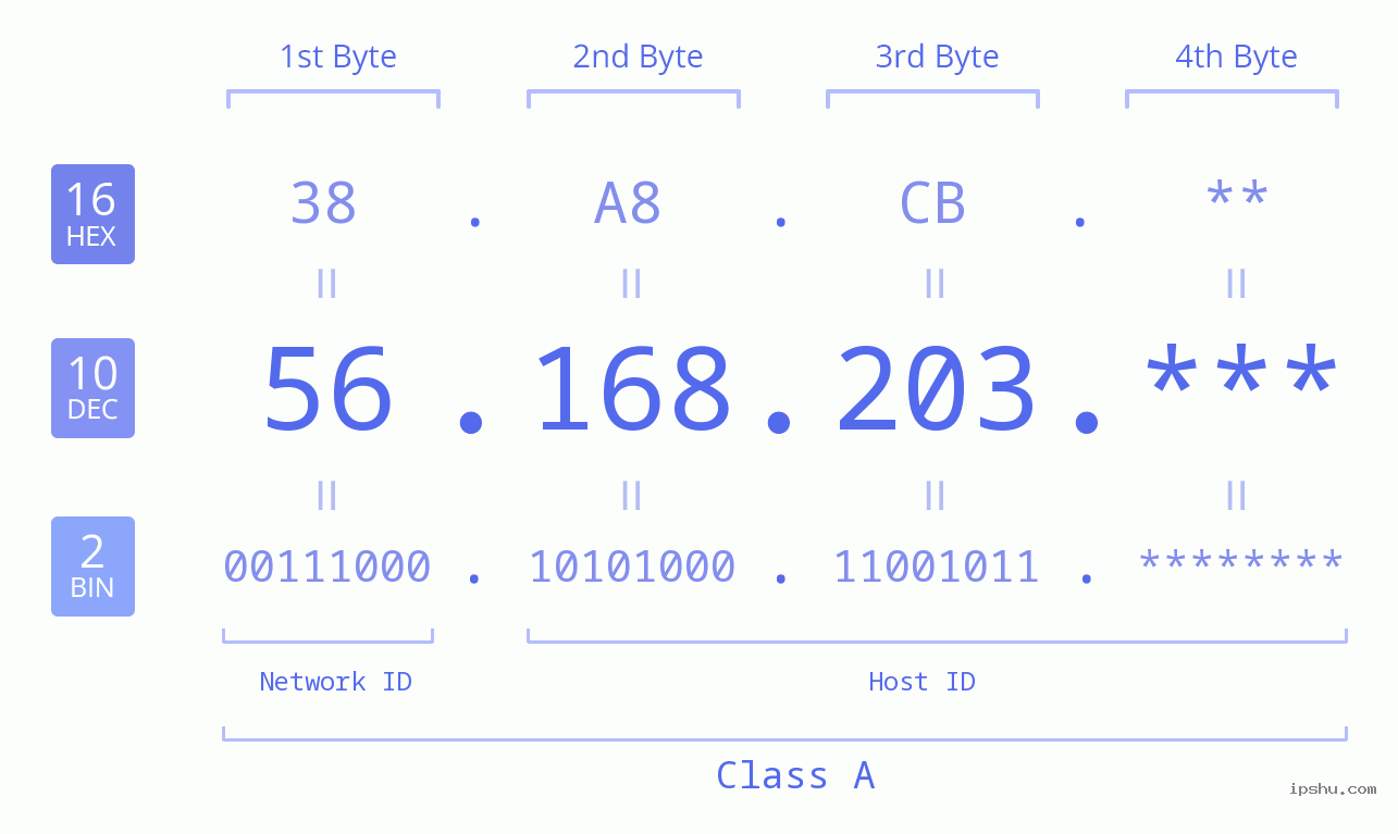 IP Address: 56.168.203 Data Structure Chart BIN DEC HEX IPv4: 56.168.203 Network Class, Net ID, Host ID