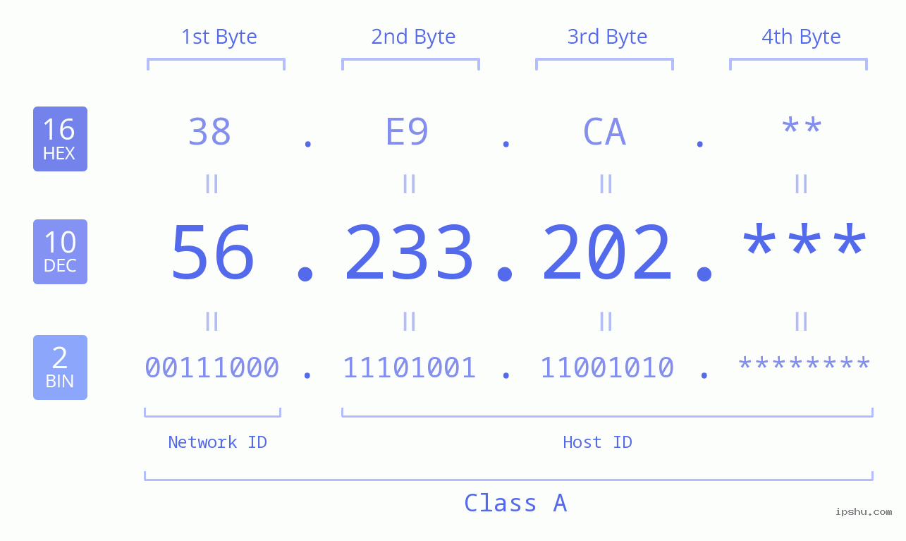 IP Address: 56.233.202 Data Structure Chart BIN DEC HEX IPv4: 56.233.202 Network Class, Net ID, Host ID