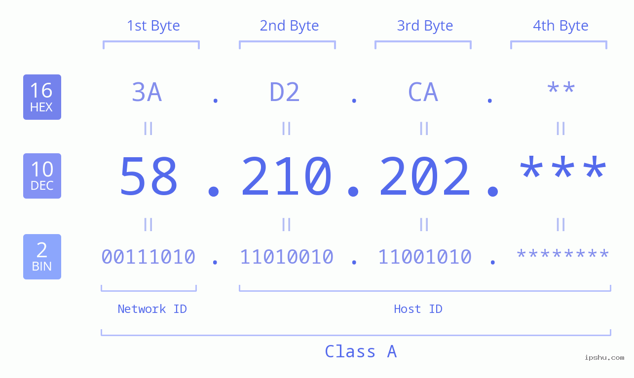 IP Address: 58.210.202 Data Structure Chart BIN DEC HEX IPv4: 58.210.202 Network Class, Net ID, Host ID