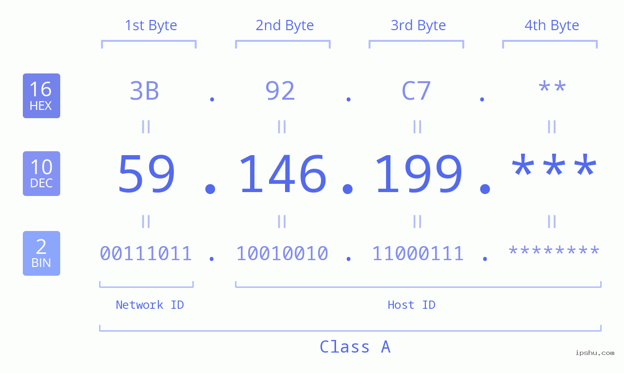 IP Address: 59.146.199 Data Structure Chart BIN DEC HEX IPv4: 59.146.199 Network Class, Net ID, Host ID