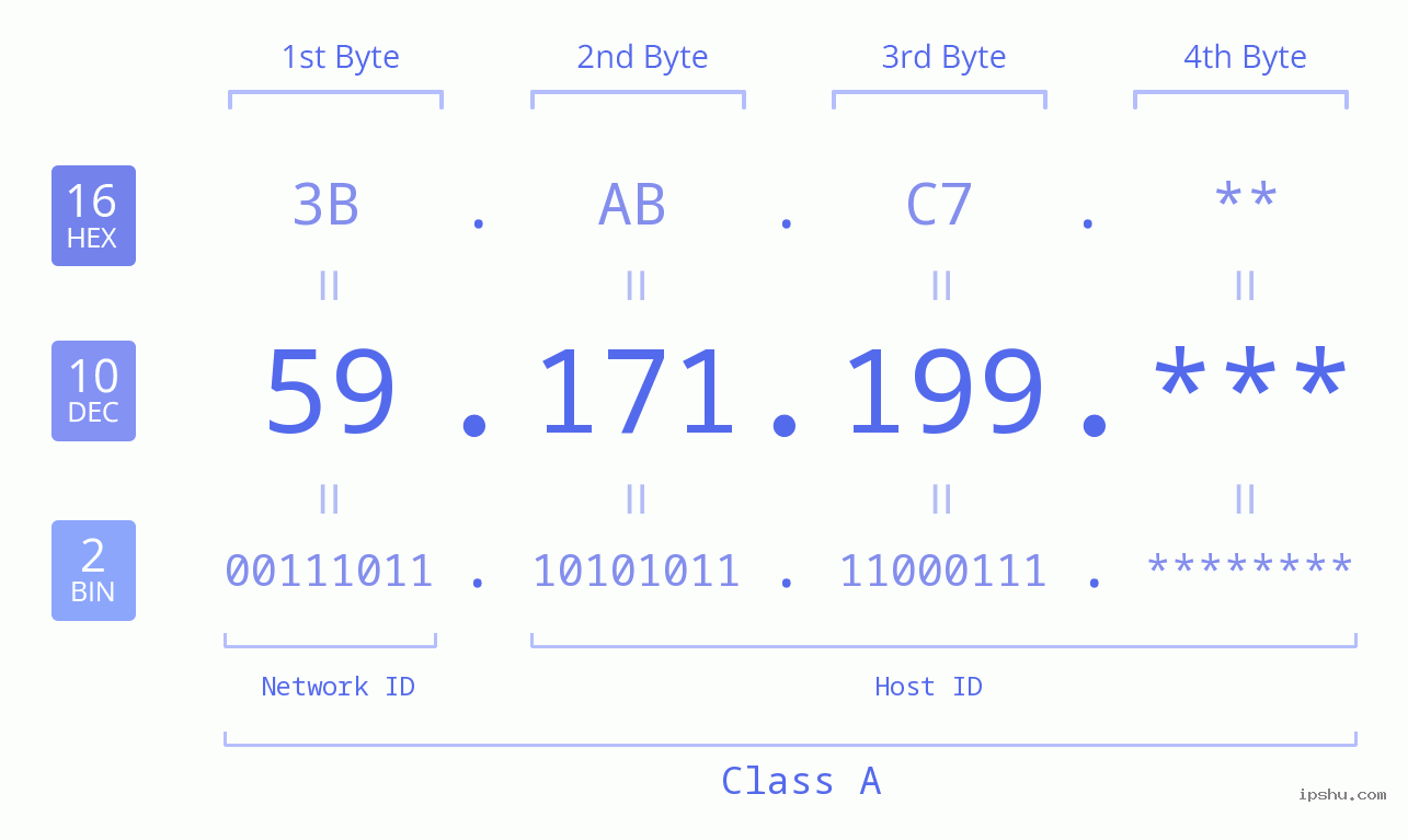 IP Address: 59.171.199 Data Structure Chart BIN DEC HEX IPv4: 59.171.199 Network Class, Net ID, Host ID