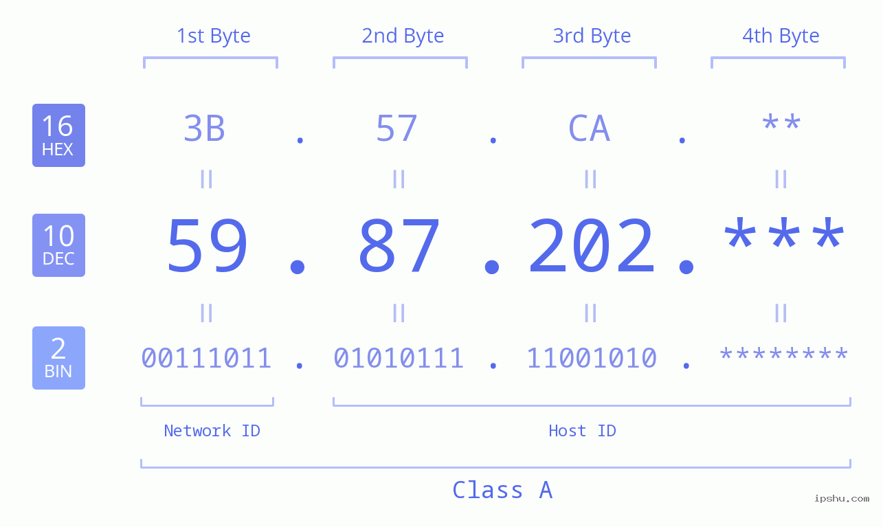 IP Address: 59.87.202 Data Structure Chart BIN DEC HEX IPv4: 59.87.202 Network Class, Net ID, Host ID