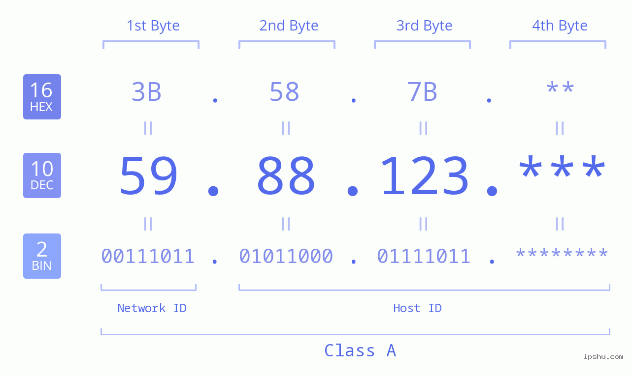IP Address: 59.88.123 Data Structure Chart BIN DEC HEX IPv4: 59.88.123 Network Class, Net ID, Host ID