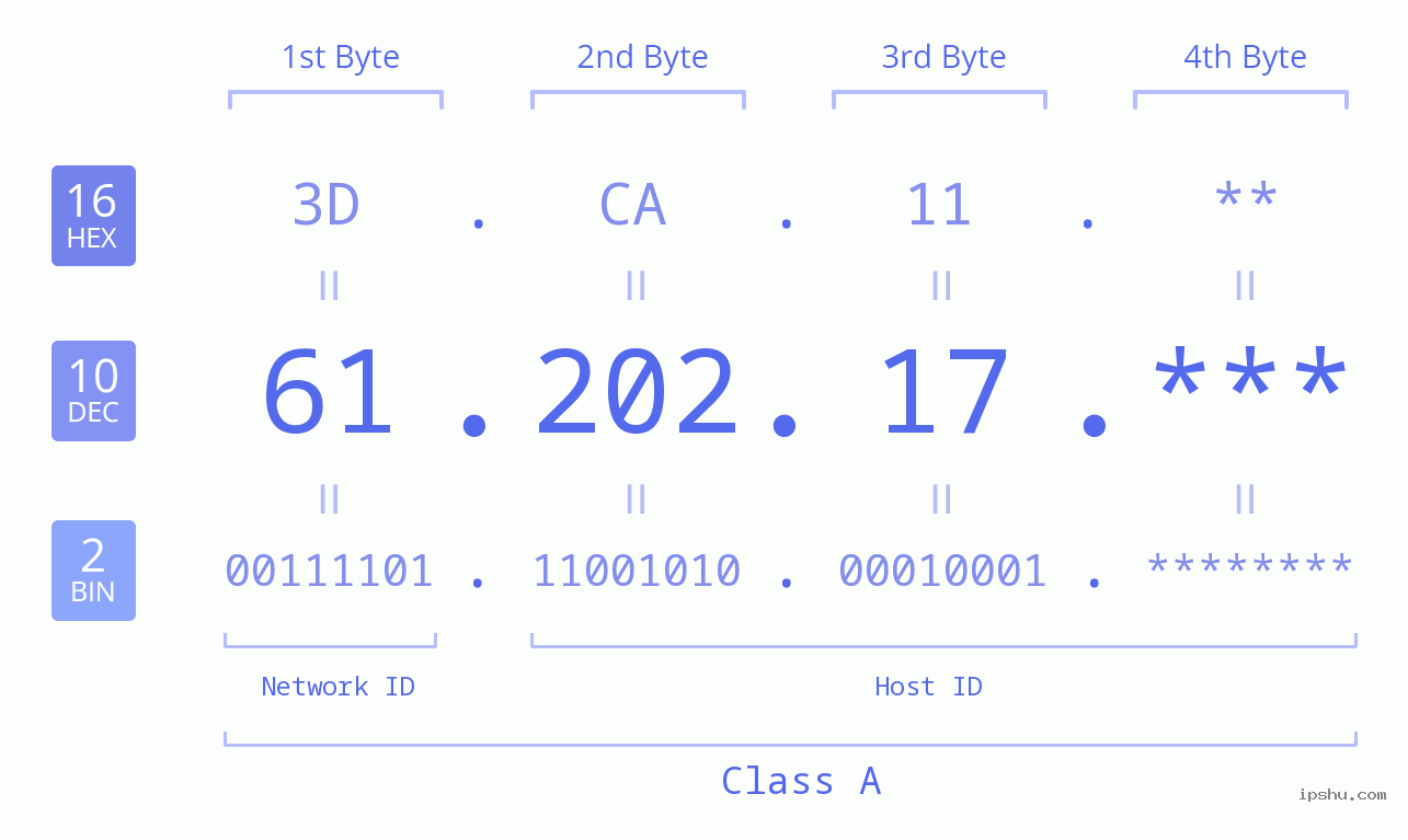 IP Address: 61.202.17 Data Structure Chart BIN DEC HEX IPv4: 61.202.17 Network Class, Net ID, Host ID