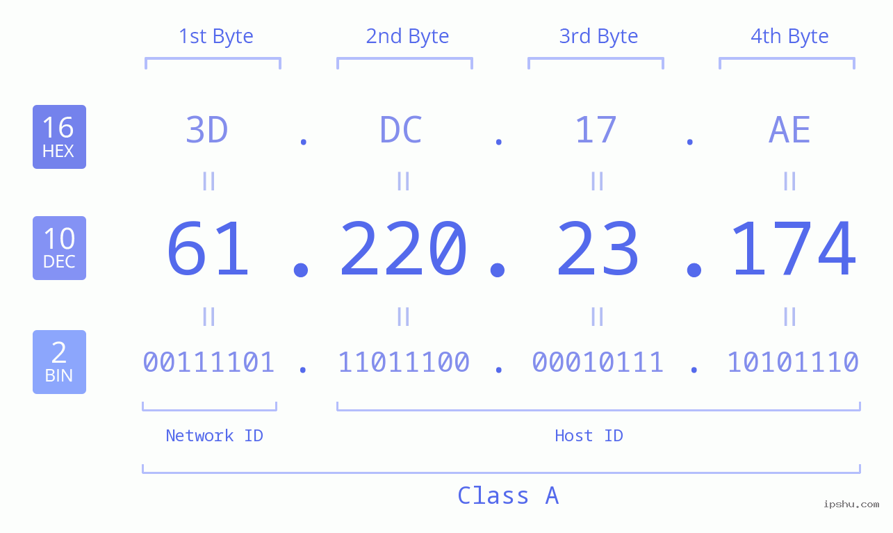 IP Address: 61.220.23.174 Data Structure Chart BIN DEC HEX IPv4: 61.220.23.174 Network Class, Net ID, Host ID