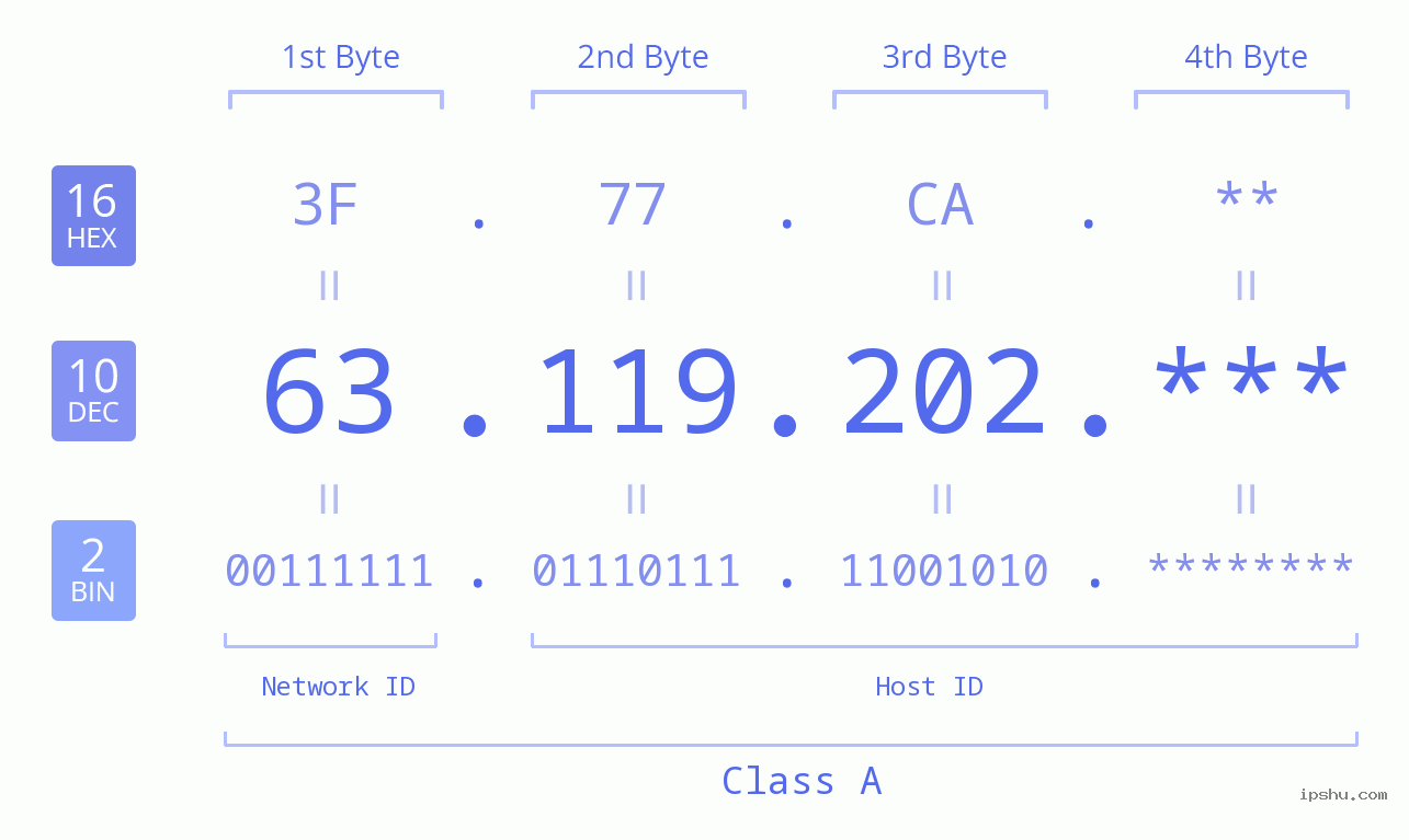 IP Address: 63.119.202 Data Structure Chart BIN DEC HEX IPv4: 63.119.202 Network Class, Net ID, Host ID