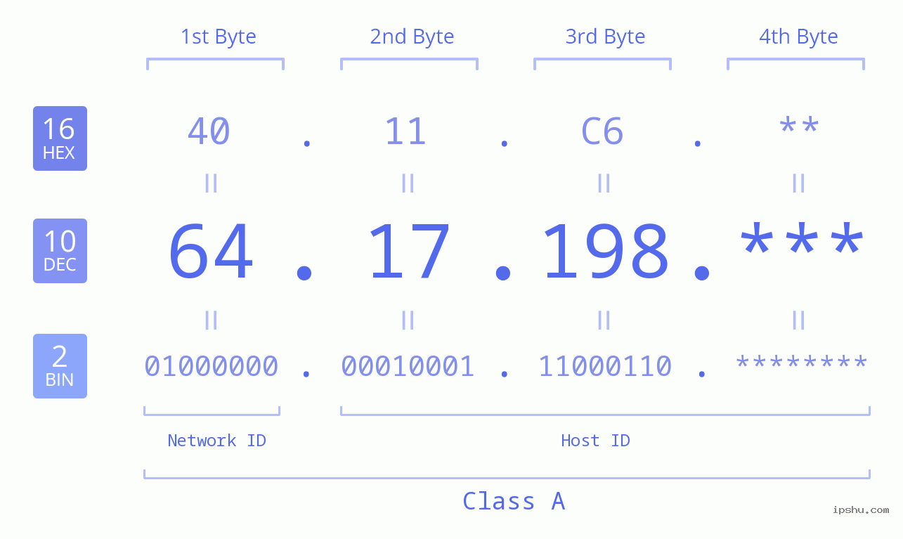 IP Address: 64.17.198 Data Structure Chart BIN DEC HEX IPv4: 64.17.198 Network Class, Net ID, Host ID