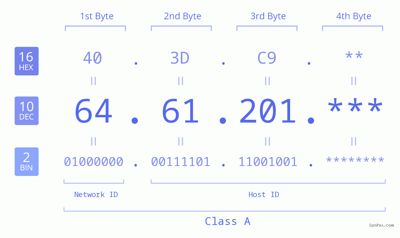 IP Address: 64.61.201 Data Structure Chart BIN DEC HEX IPv4: 64.61.201 Network Class, Net ID, Host ID