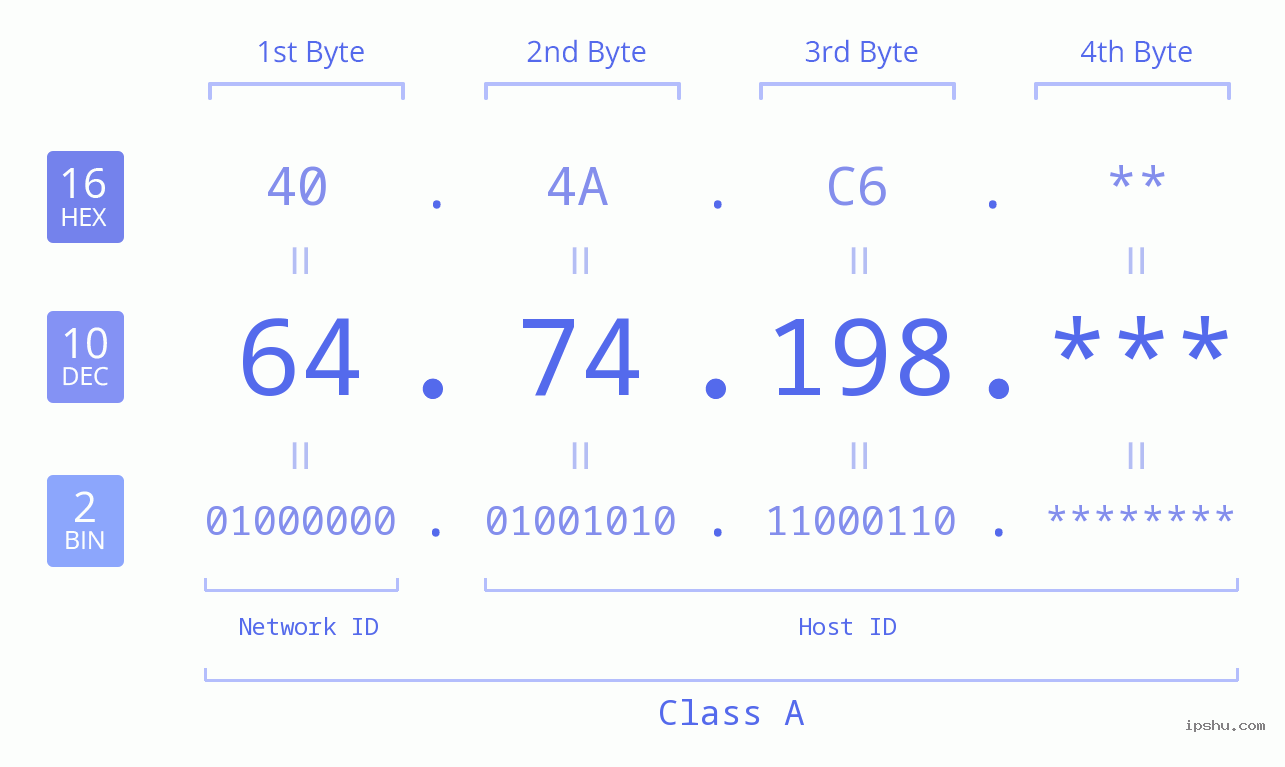 IP Address: 64.74.198 Data Structure Chart BIN DEC HEX IPv4: 64.74.198 Network Class, Net ID, Host ID