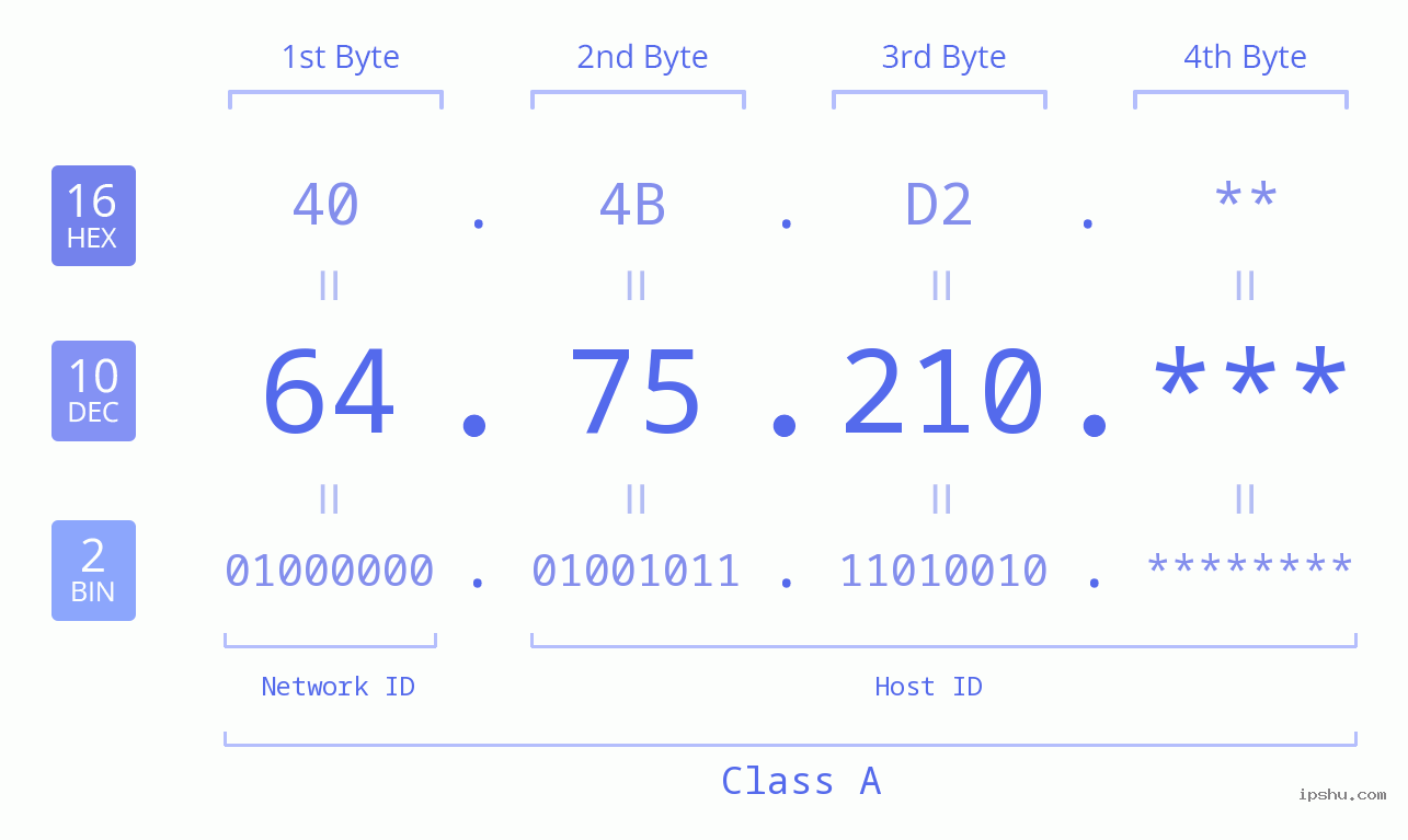 IP Address: 64.75.210 Data Structure Chart BIN DEC HEX IPv4: 64.75.210 Network Class, Net ID, Host ID