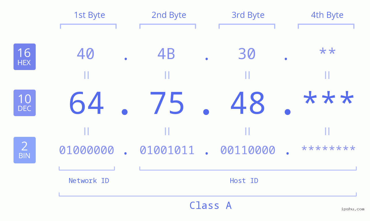 IP Address: 64.75.48 Data Structure Chart BIN DEC HEX IPv4: 64.75.48 Network Class, Net ID, Host ID