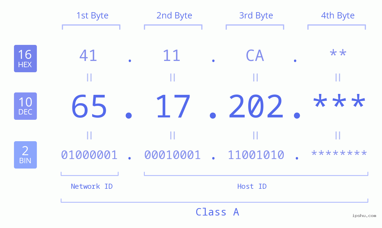 IP Address: 65.17.202 Data Structure Chart BIN DEC HEX IPv4: 65.17.202 Network Class, Net ID, Host ID