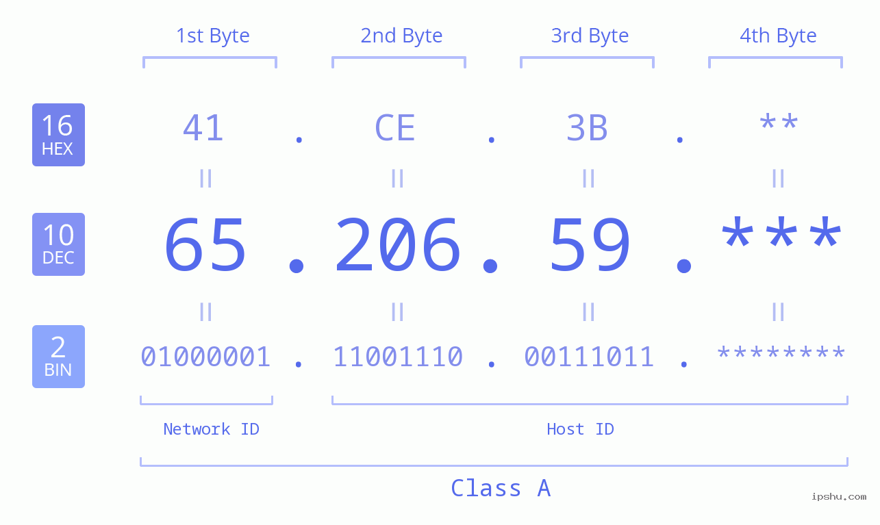 IP Address: 65.206.59 Data Structure Chart BIN DEC HEX IPv4: 65.206.59 Network Class, Net ID, Host ID