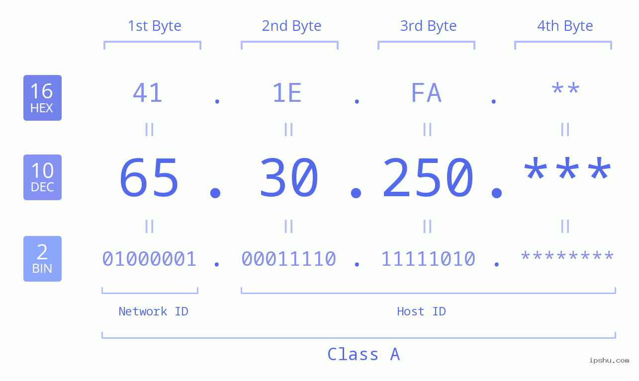 IP Address: 65.30.250 Data Structure Chart BIN DEC HEX IPv4: 65.30.250 Network Class, Net ID, Host ID