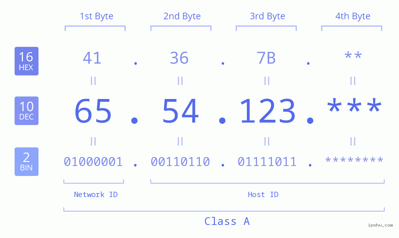 IP Address: 65.54.123 Data Structure Chart BIN DEC HEX IPv4: 65.54.123 Network Class, Net ID, Host ID