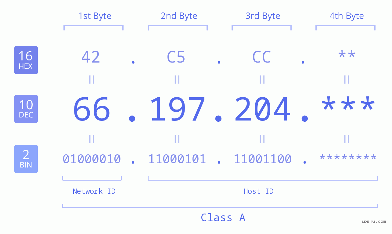 IP Address: 66.197.204 Data Structure Chart BIN DEC HEX IPv4: 66.197.204 Network Class, Net ID, Host ID