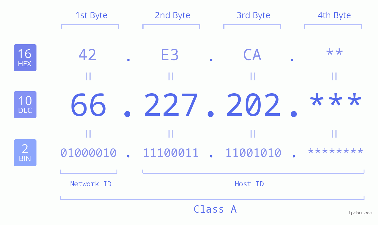 IP Address: 66.227.202 Data Structure Chart BIN DEC HEX IPv4: 66.227.202 Network Class, Net ID, Host ID