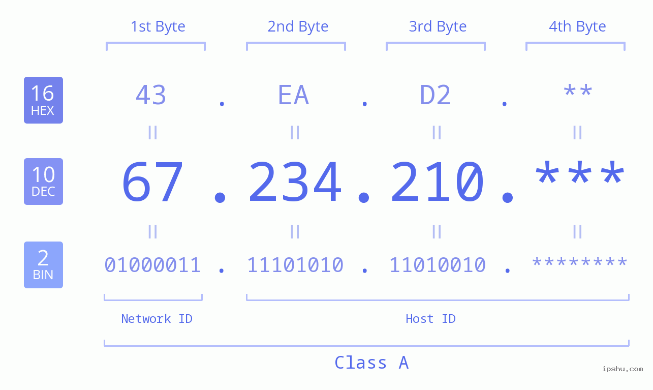 IP Address: 67.234.210 Data Structure Chart BIN DEC HEX IPv4: 67.234.210 Network Class, Net ID, Host ID