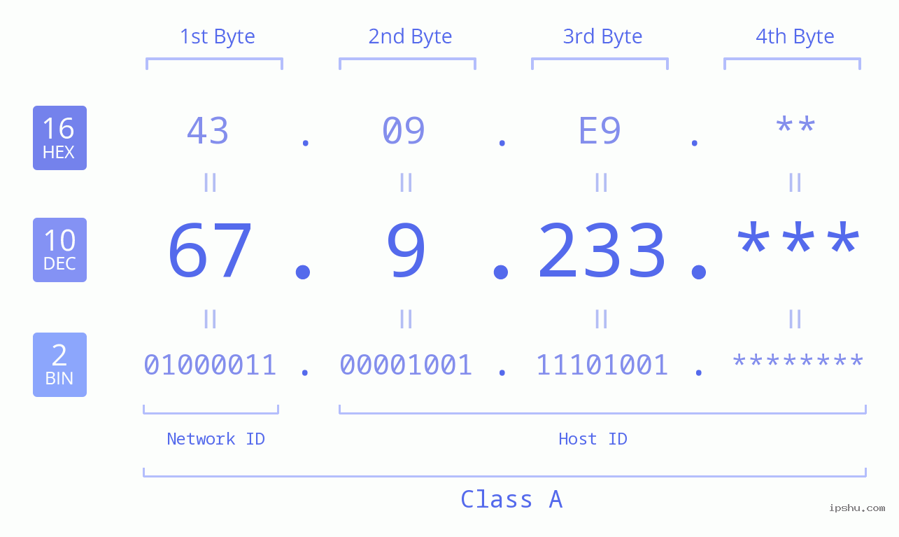 IP Address: 67.9.233 Data Structure Chart BIN DEC HEX IPv4: 67.9.233 Network Class, Net ID, Host ID