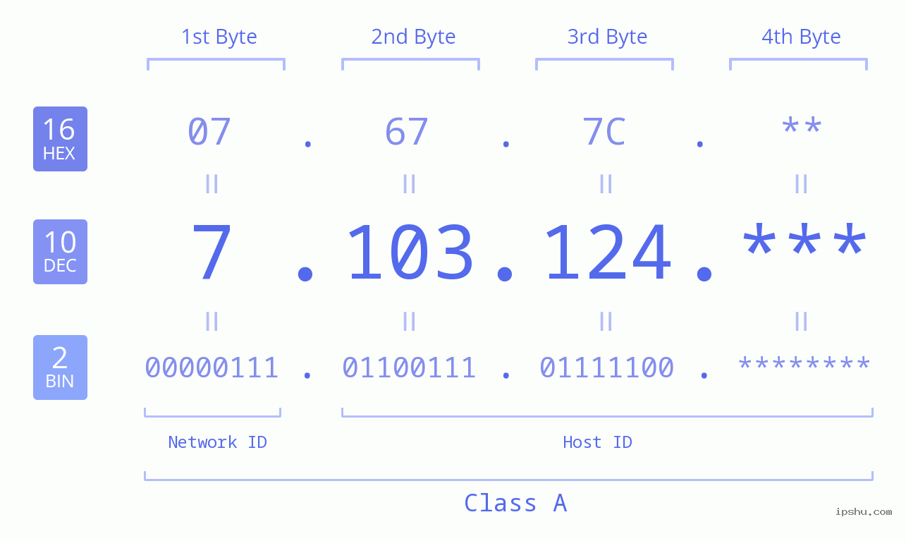 IP Address: 7.103.124 Data Structure Chart BIN DEC HEX IPv4: 7.103.124 Network Class, Net ID, Host ID