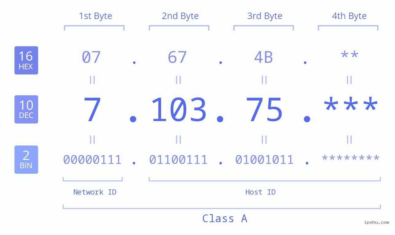 IP Address: 7.103.75 Data Structure Chart BIN DEC HEX IPv4: 7.103.75 Network Class, Net ID, Host ID